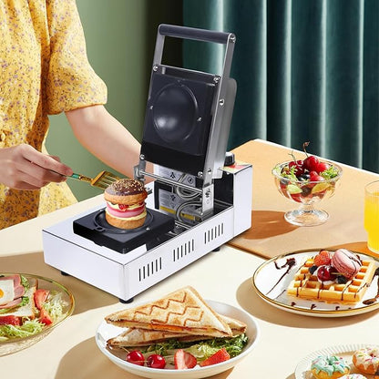 Commercial Ice Cream Burger Maker, 1000W Electric Burger Waffle Cone Maker Machine, 110V Ice Cream Sandwich Maker with Non-stick Baking Tray, Gelato Panini Press for Bakeries Restaurants Home