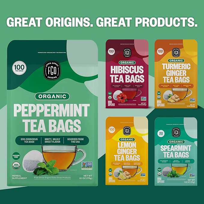 FGO Organic Peppermint Tea, 100 Count, Eco-Conscious Tea Bags, Caffeine Free, Packaging May Vary (Pack of 1)