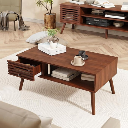 Coffee Table, Mid Century Modern Table with Storage, Living Room Center Table with Slatted Panel Drawer, Fluted Wood Coffee Table with Open Shelf for Living Room, Walnut