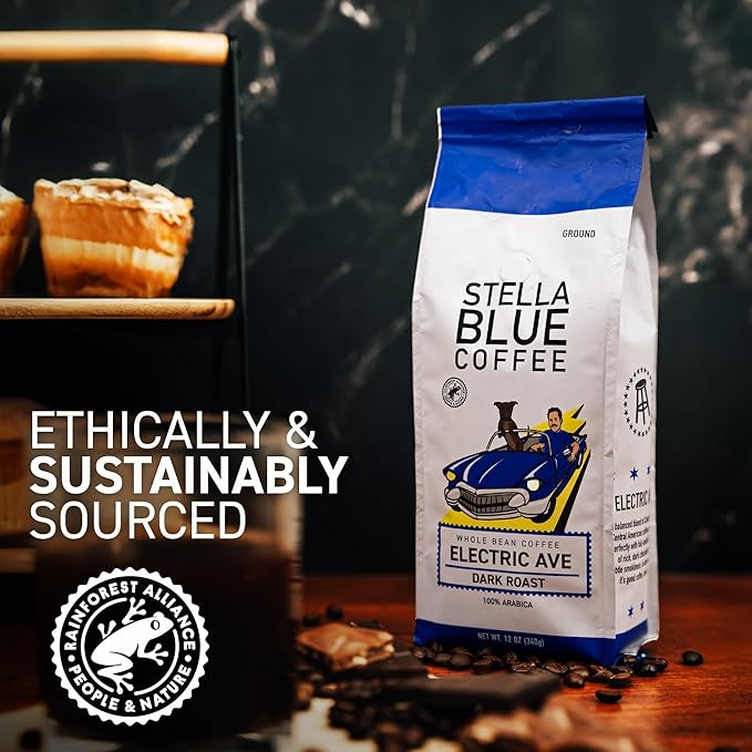 Stella Blue Ground Coffee, Electric Avenue Blend, Dark Roast, Fresh Coffee Ground 100% Arabica, Smooth Balanced Roast with Distinct Flavor Notes, Ethically Sourced Coffee Beans, 12 oz Bag