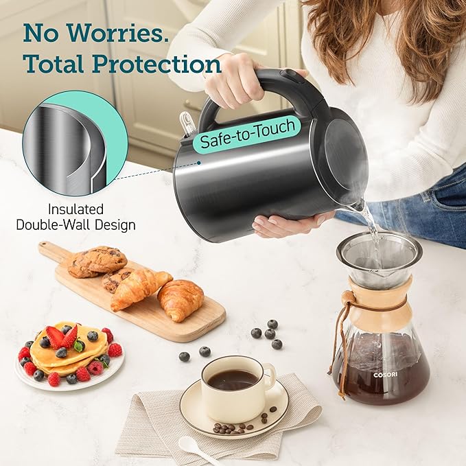 COSORI Electric Kettle, Cool-Touch Double Wall Stainless Steel Insulated, Automatic Shut Off & Boil-Dry Protection, Durable Tea Kettle Boiler & Heater, 1.5L/1500W, Black