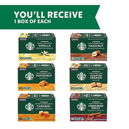Starbucks K-Cup Coffee Pods—Flavored Coffee—Variety Pack for Keurig Brewers—Naturally Flavored—100% Arabica—6 boxes (60 pods total)