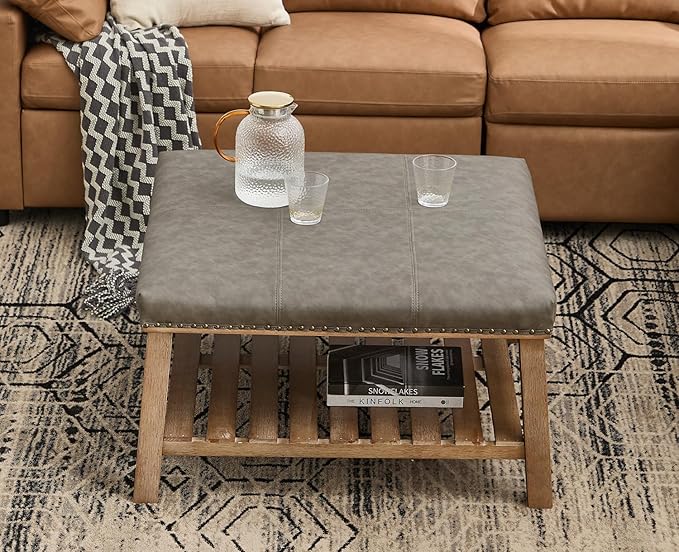 Kmax 32-Inch Grey Faux Leather Coffee Table Large Square Ottoman Foot Rest Stool Upholstered Coffee Table with Wooden Shelf Storage for Living Room Office