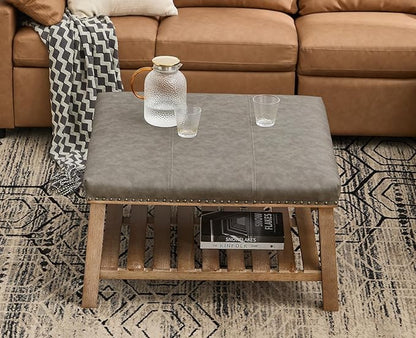 Kmax 32-Inch Grey Faux Leather Coffee Table Large Square Ottoman Foot Rest Stool Upholstered Coffee Table with Wooden Shelf Storage for Living Room Office