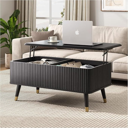 Lift Top Coffee Table, Mid Century Modern Coffee Table with Hidden Compartment, Fluted Lift Tabletop Center Table for Living Room, Home Office, Black