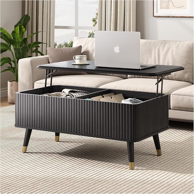 Lift Top Coffee Table, Mid Century Modern Coffee Table with Hidden Compartment, Fluted Lift Tabletop Center Table for Living Room, Home Office, Black