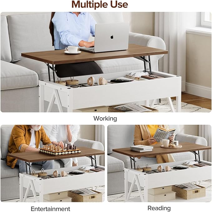 Lift Top Coffee Table,Lift Coffee Table with Storage Shelf and Large Hidden Compartment for Living Room,Lifting top Coffee Tables for Small Space,White + Walnut