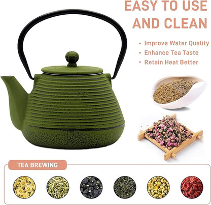 20.3oz Small Cast Iron Teapot, SECHUDO Cast Iron Tea Kettle for Stovetop Safe Coated with Enameled Interior, Iron Tea Pot with Stainless Steel Infuser for Loose Tea (Green Pinstripe Pattern)