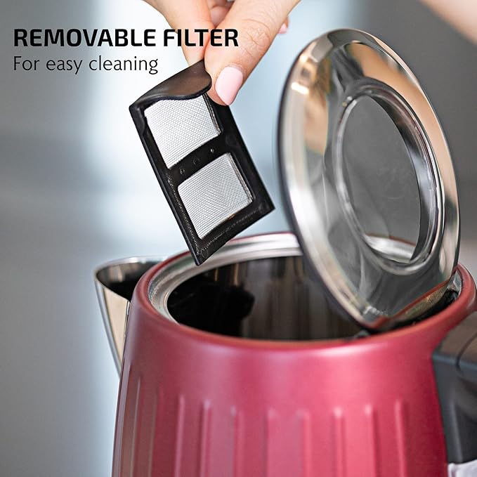 OVENTE Electric Kettle, 1.7L Stainless Steel Fast Boiling Water Heater with 1750W Power, BPA Free & Cordless Body, Auto Shut-Off, Boil-Dry Protection, Indicator Light & Removable Filter, Maroon KS711M