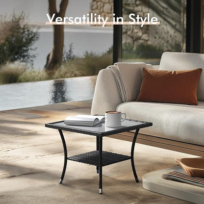 Super Patio Outdoor Side Table, 20" Square Wicker End Table, Tempered Glass Top Coffee Table with Storage, Aluminum Frame-Brown