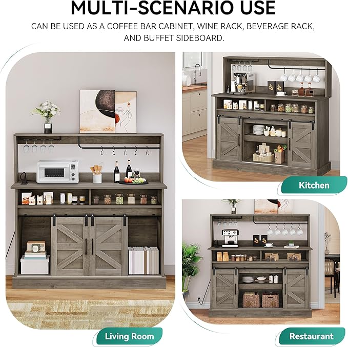 YITAHOME 52" Farmhouse Coffee Bar, Buffet Cabinet with Storage, Sliding Barn Door, Sideboard Cabinet with Goblet Holder, 5 Hooks and Power Outlets for Kitchen, Living Room (Rustic Grey Oak)