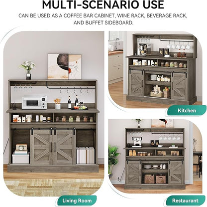 YITAHOME 52" Farmhouse Coffee Bar, Buffet Cabinet with Storage, Sliding Barn Door, Sideboard Cabinet with Goblet Holder, 5 Hooks and Power Outlets for Kitchen, Living Room (Rustic Grey Oak)