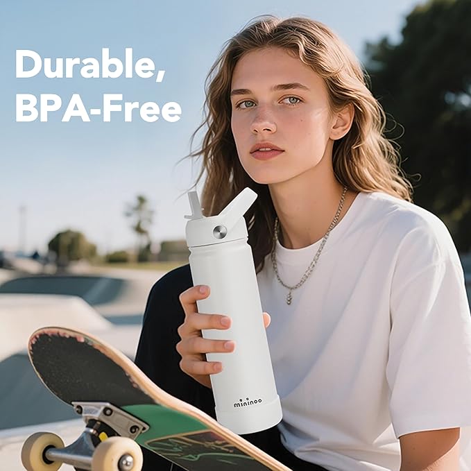 mininoo Insulated Stainless Steel Water Bottle with Straw and Lid for Sports, 24 oz, White