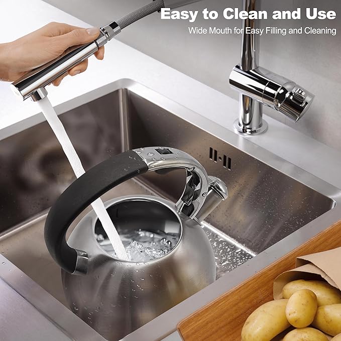 Stainless Steel Whistling stovetop Kettle,Whistling Tea Kettle,Vintage-StyleTeapot for Stove,Durable and Rust-Resistant,With a Pot Holder Included,2.64 Quart(Brushed Style)