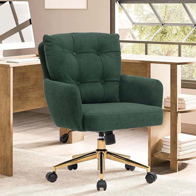 Flannel Office Chair, Comfy Home Office Desk Chairs with Lumbar Support, Modern Velvet Desk Chair Gold Legs Small Swivel Task Chair for Home Office, Bedroom, Study (Green, L)