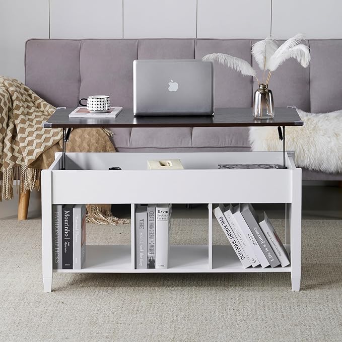 VINGLI Lift Top Coffee Table, White, with Storage Shelf/Hidden Compartment, Gas Lifting Mesa De Centro para Sala Pop Up Coffe Table