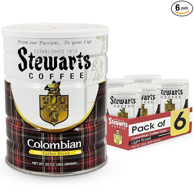 Stewarts Colombian Light Medium Roast Ground Coffee Blend - Mild, Bright, Tasty Flavored Gourmet Coffee Grounds - Great for Hot, Cold Brew, Morning Breakfast, Cafe & More (23oz, Pack of 6 Cans)