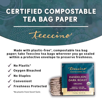 Teeccino Dandelion Herbal Tea - Dark Roast - 25 Tea Bags - Caffeine Free, Prebiotic, Gluten Free, 3x More Herbs