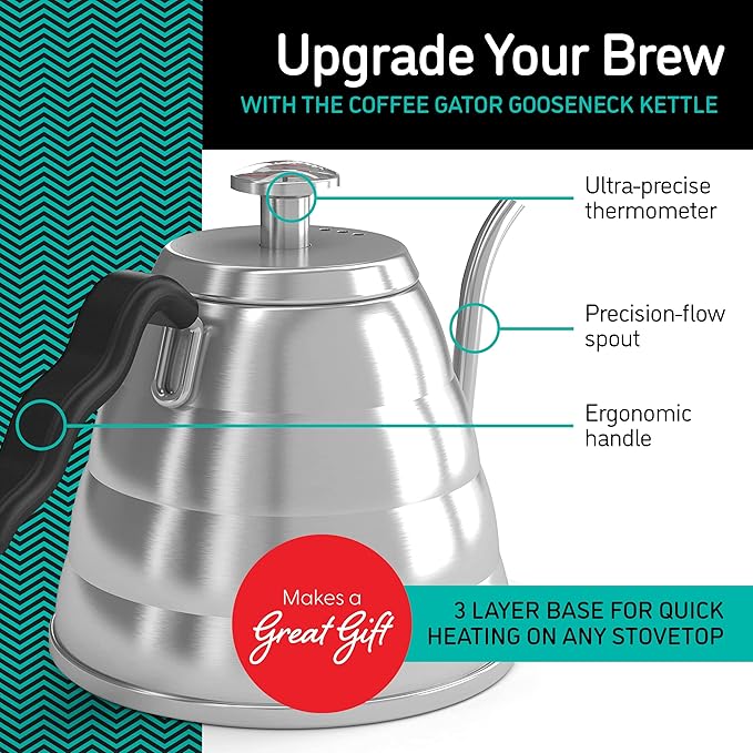Coffee Gator Gooseneck Kettle with Thermometer - 40oz Premium Stainless Steel Pour Over Coffee Maker Kettles, Stove Top, w/Precision Drip Spout, for Drip Coffee, French Press, Tea Kettle, 5 Cup