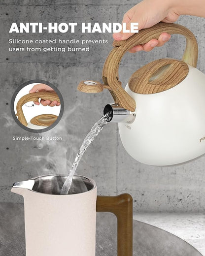 POLIVIAR Tea Kettle, 2.7 Quart White Finish with Wood Pattern Handle Loud Whistle Food Grade Stainless Steel Teapot, Anti-Hot Handle and Anti-Rust, Suitable for All Heat Sources JX2025-BW30