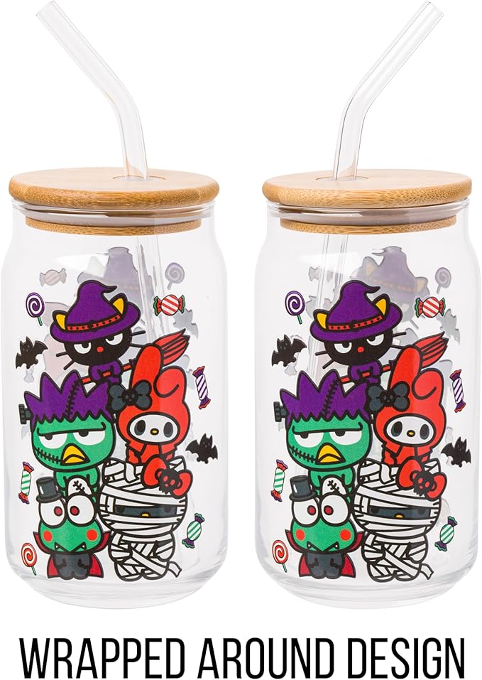 Silver Buffalo Sanrio Hello Kitty & Friends Halloween Spooky Badtz-Maru Frankenstein, Chococat Witch, My Melody Ghost, Keroppi Vampire, Mummy Glass Jar Tumbler w Bamboo Lid and Glass Straw, 16oz