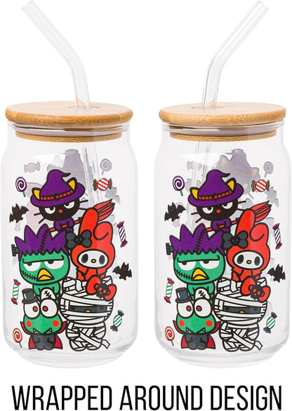 Silver Buffalo Sanrio Hello Kitty & Friends Halloween Spooky Badtz-Maru Frankenstein, Chococat Witch, My Melody Ghost, Keroppi Vampire, Mummy Glass Jar Tumbler w Bamboo Lid and Glass Straw, 16oz