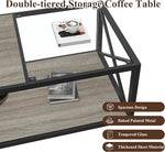 Load image into Gallery viewer, 39" Glass Coffee Table Mordern Living Room Table with Black Metal Frame, Rectangle Tempered Glass Top &amp; Rustic Wood MDF Storage Shelves, Industrial Style Grey