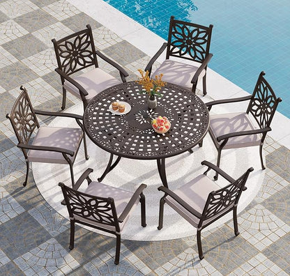 PHI VILLA Round Patio Dining Tables for 6 Person, Outdoor Aluminum Table 54" Dia with 2.1" Umbrella Hole, Lawn Garden Tables for All Weather