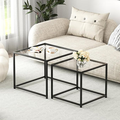 VILAWLENCE Coffee Table Set of 2, Modern Black Glass Side Table, Metal Frame Square End Table, Center Tables, Nesting Coffee Table for Living Room, Bedroom and Small Spaces, 23.6in