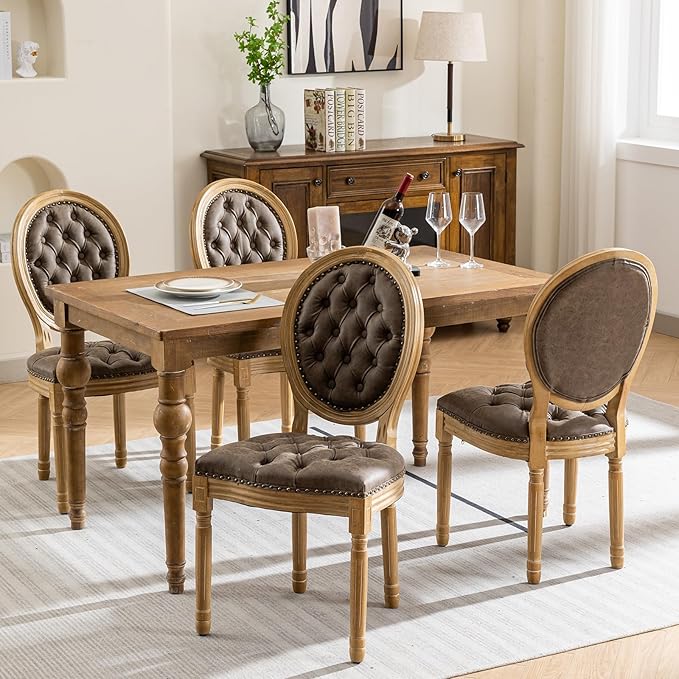 Vintage French Country Dining Chairs Set of 4, PU Leather Dining Chairs with Solid Wood Legs, Brown 4 Dining Chair Set, Sillas para Comedor, Kitchen & Dining Room Chair (Brown, PU, 4Pcs)