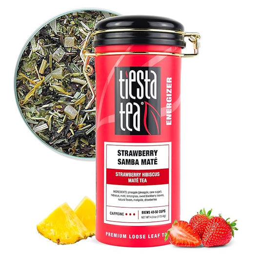 Tiesta Tea - Strawberry Samba Mate, Loose Leaf, Strawberry Hibiscus Mate Tea, High Caffeinated Fruit Blend, Make Hot or Iced Up to 50 Cups, 4 oz Refillable Tin