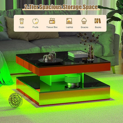 Red LED Coffee Table for Living Room, Living Room Table 2-Tier Square Modern High Glossy Contemporary Wood Coffee Tables with Storage, Tea Table for Dining Reception Room