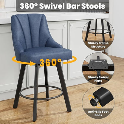 Swivel Bar Stools with Backs, 24" Counter Height Bar Stools Set of 6, Fabric Upholstered Counter Barstools with Solid Wood Legs for Kitchen Island, Home Bar, Blue