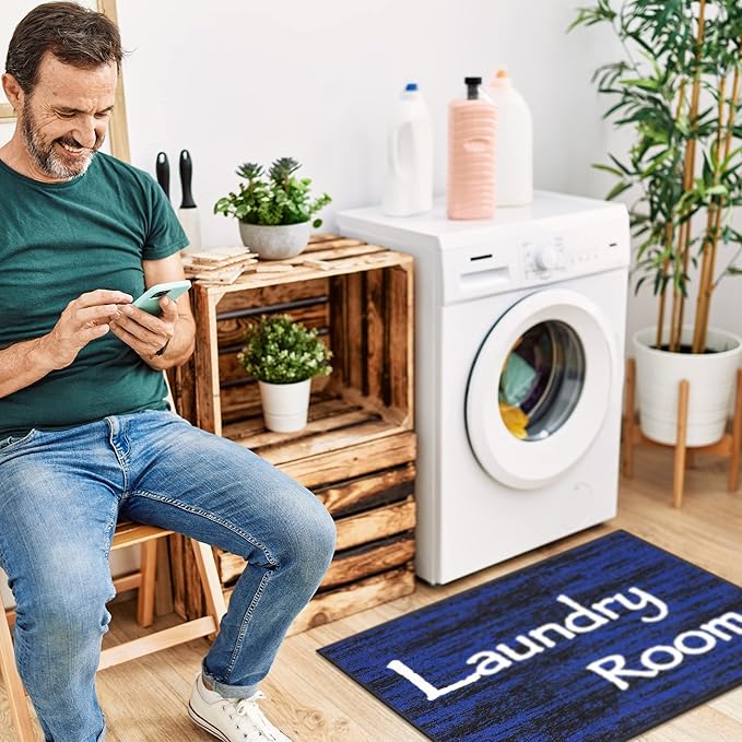 Ottomanson 26" x 35" Laundry Room Rug - Non-Slip Mat for Laundry & Mudroom - Durable, Stain-Resistant, and Easy to Clean - Perfect for High-Traffic Areas - Runner Rug for Entryway Bathroom, Navy
