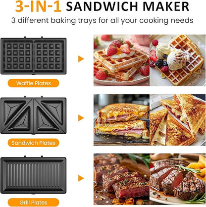 Sunvivi 3 in 1 Electric Sandwich Maker: Panini Press Grill and Waffle Iron Set, Grill and Sandwich Press with Removable Nonstick Plates, Indicator Lights & Cool Touch Handle, 800W, Black