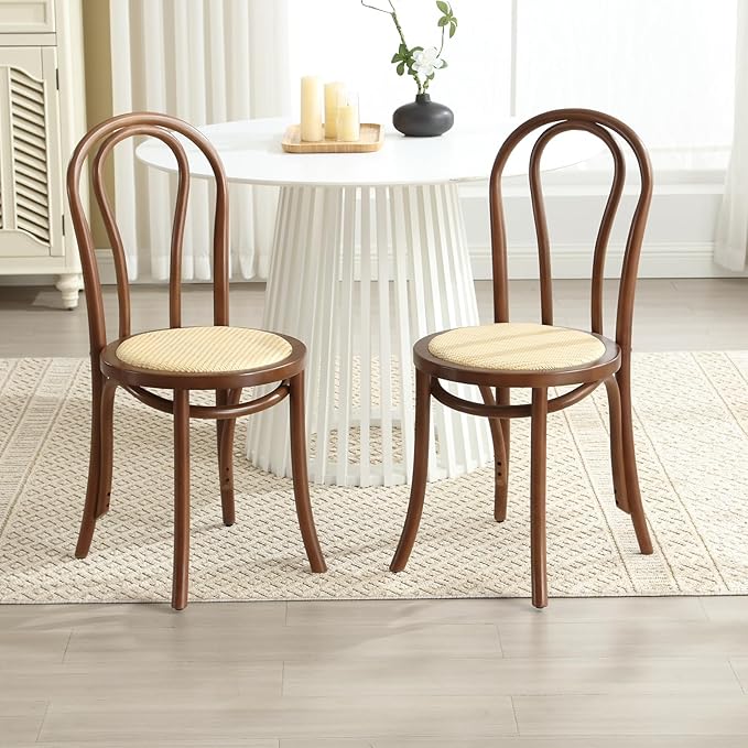 Kmax Vintage Dining Chairs Set of 6, Thonet Soild Wood Rattan Dining Room Chairs Armless French Country Kitchen Chairs for Wedding Hotel Dessert Shop Cafe, Walnut