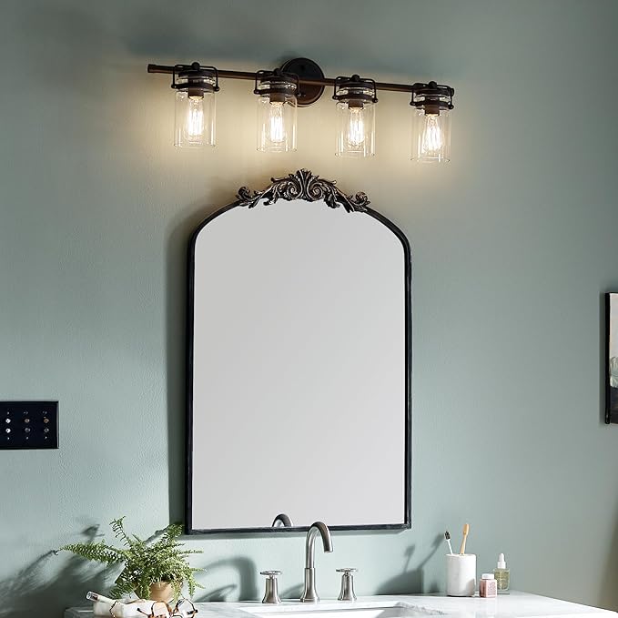Kichler Brinley 32.25" Vanity Light in Olde Bronze®, 4-Light Farmhouse Bathroom Light with Clear Glass, (32.25" W x 10" H), 45690OZ