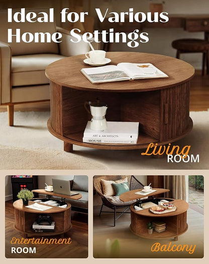 Round Lift Top Coffee Table with Storage, Mid Century Modern Center Table with 180° Sliding Tambour Door, Small Circle Wood Fluted Dining Table for Living Room, Walnut