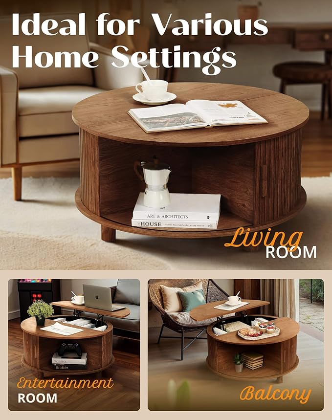 Round Lift Top Coffee Table with Storage, Mid Century Modern Center Table with 180° Sliding Tambour Door, Small Circle Wood Fluted Dining Table for Living Room, Walnut