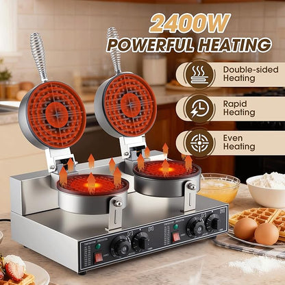 Commercial Waffle Maker, 2400W Waffle Iron, Professional Rotatable Waffle Baker Machine with Temp and Time Control, Non-Stick Baking Pan Stainless Steel for Restaurant Bakeries Kitchen Home