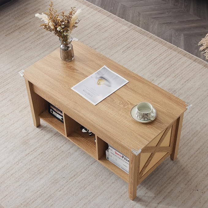 VINGLI Lift Top Coffee Table, Oak Top with Rattan Frame, Farmhouse Cross-Sided Design, with Storage Shelf/Hidden Compartment, Gas Lift Mesa De Centro para Sala Pop Up Coffee Table