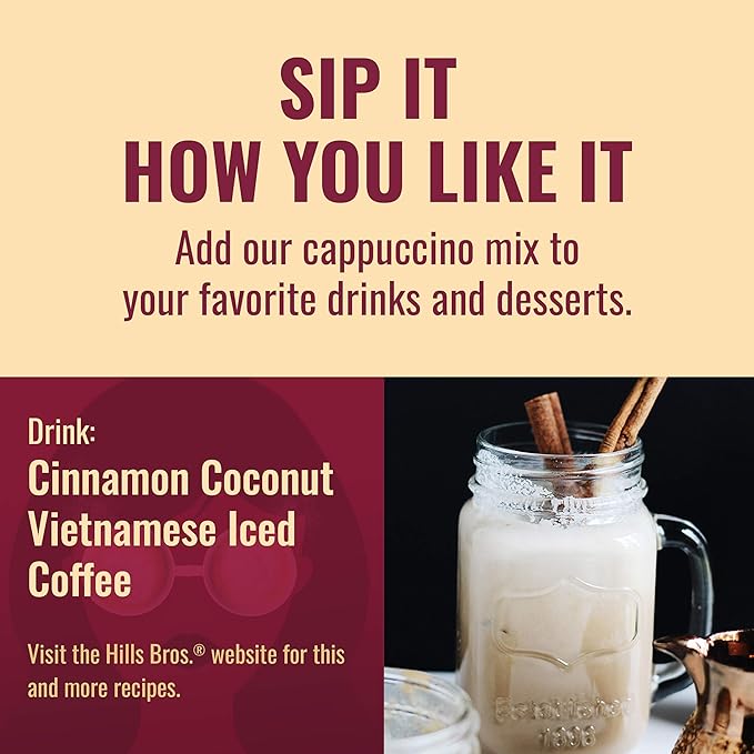 Hills Bros Instant Decadent Classic Cappuccino Mix with a Hint of Sweetness, Easy to Use and Convenient, Enjoy Coffeehouse Flavor at Home, Frothy, 14 Oz