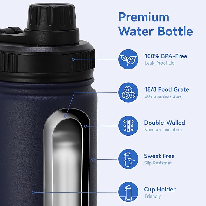 DOMICARE 16 oz Kids Water Bottle for School Stainless Steel Double Wall Vacuum Insulated Water Bottle with Straw lids & Spout Lid, Leakproof BPA Free (Navy,4)