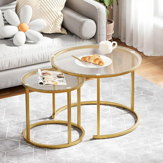 aboxoo Nesting Coffee Table Set of 2, Small Round Glass Nesting Tables for Living Room Bedroom, Accent Tea Table with Gold Metal Frame Modern Industrial Simple