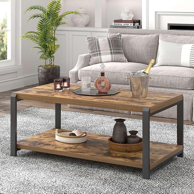 EXCEFUR Modern Coffee Table, Industrial Wood and Metal Center Table, Cocktail Tea Tables for Living Room, Rustic Brown