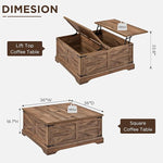 Load image into Gallery viewer, JXQTLINGMU Farmhouse Lift Top Coffee Table with Storage, 36" Wood Square Center Table with Large Hidden Compartment, Rustic Lift Tabletop Dining Table for Home Living Room, Light Brown