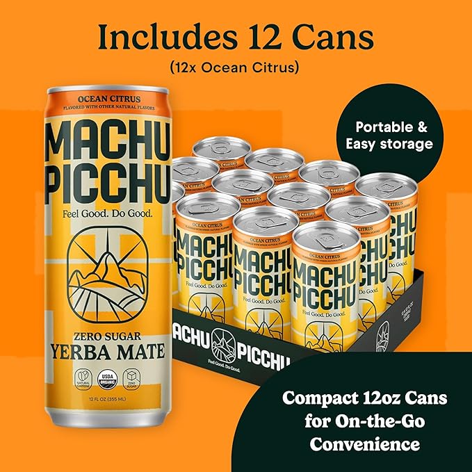 MACHU PICCHU ENERGY, Non-Carbonated Zero Sugar Yerba Mate, Clean Energy Drink Alternative, 12oz (Pack of 12) – 120mg Organic Green Coffee Bean Caffeine, Low Calorie, USDA Organic, No Artificial Flavors (Ocean Citrus)