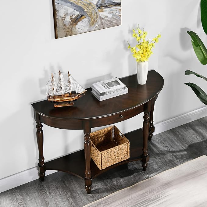 Solid Wood Console Table with Drawer and Storage Shelf, 45.3" Traditional Retro Semi-Circle Entryway Table Polished Edging Half-Moon Narrow Tables for Living Room Hallway Home, Vintage Walnut