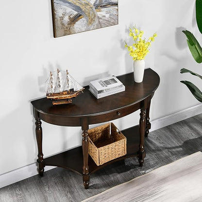 Solid Wood Console Table with Drawer and Storage Shelf, 45.3" Traditional Retro Semi-Circle Entryway Table Polished Edging Half-Moon Narrow Tables for Living Room Hallway Home, Vintage Walnut