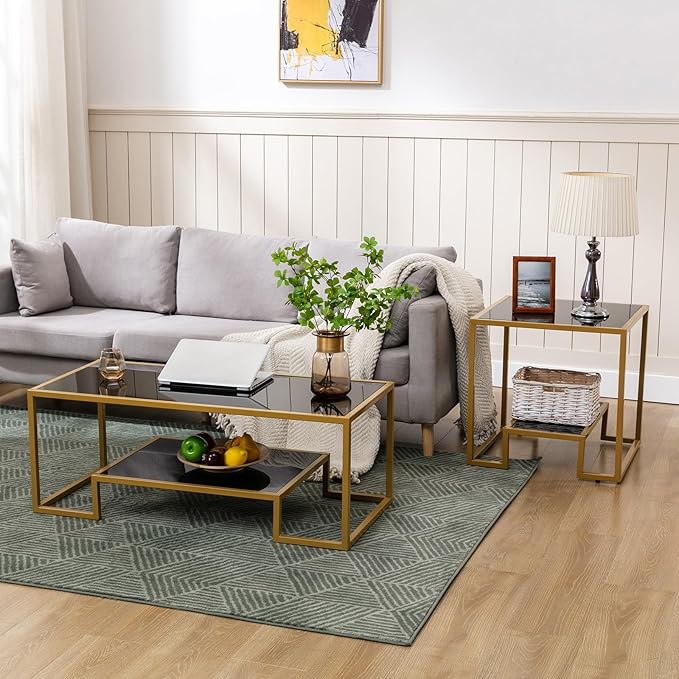 COSVALVE Simple Modern Glass 3-Piece Table Set, Includes Coffee Table and 2 End Tables, Brass